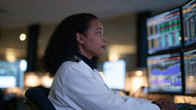 Focused Analyst at Work: A diligent female analyst intently studies financial data displayed on multiple computer monitors, her face illuminated by the glow of the screens in a modern office setting.