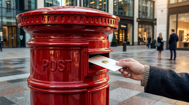 Celebrating World Post Day A Hand Submitting a Letter into a Classic Red Pillar Box on a Busy City Street, Symbolizing Global Communication and Connection for All