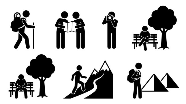 Hiking and Travel Stick Figure Icon Set, Black Vector Pictogram Collection, Outdoor Adventure Activity Symbols