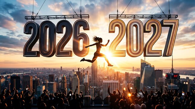 Woman leaps between illuminated years 2026 and 2027 over a cityscape at sunset