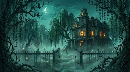 Obraz premium Spooky haunted mansion at night with glowing windows, eerie fog, bare trees, and a crescent moon