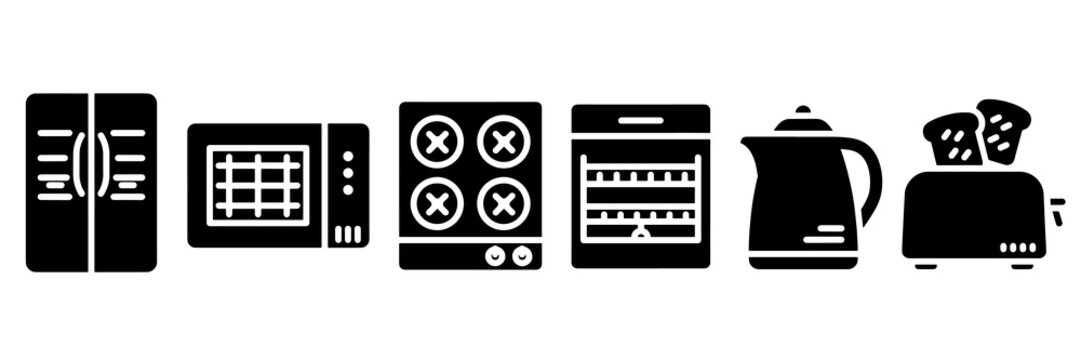 Kitchen appliance black flat icons set for home cooking equipment usage