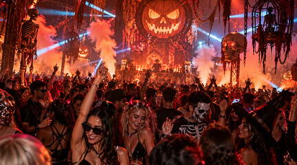 Fototapeta premium Massive Halloween nightclub party with costumed crowd dancing under red lights, giant jack-o-lanterns, skeletons, smoke and spooky decorations