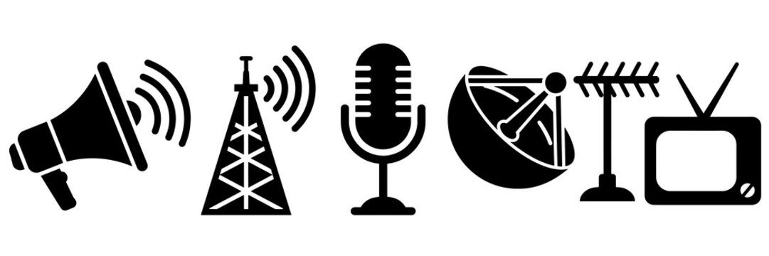 Black mass media communication vector icon set on transparent background
