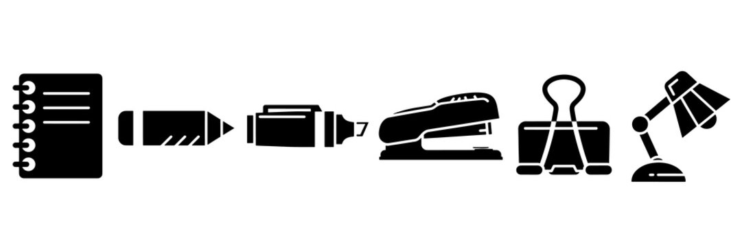 Professional office productivity kit with black icons for workstation