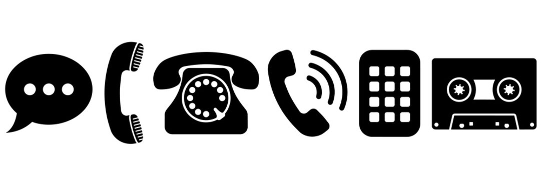 Retro telecommunication and audio media black flat icon collection