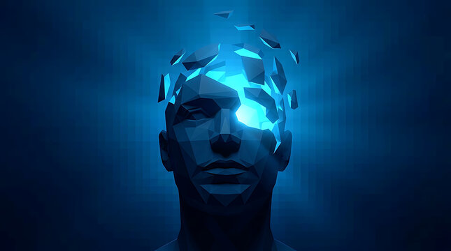Digital human face dissolving into glowing blue particles representing artificial intelligence