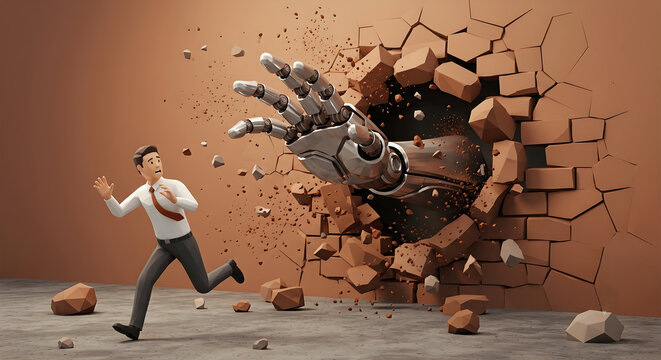 Robotic Hand Breaking Through Wall as Businessman Escapes AI Automation Concept