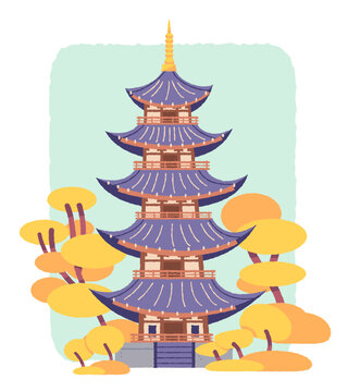 Traditional Japanese five story pagoda temple with autumn trees. Hand drawn vector illustration