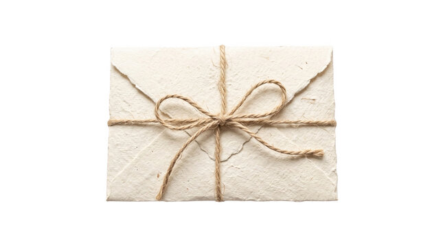 A rustic handmade paper envelope tied with natural jute twine string for a vintage look presented as an isolated object on transparent background isolated on transparent background
