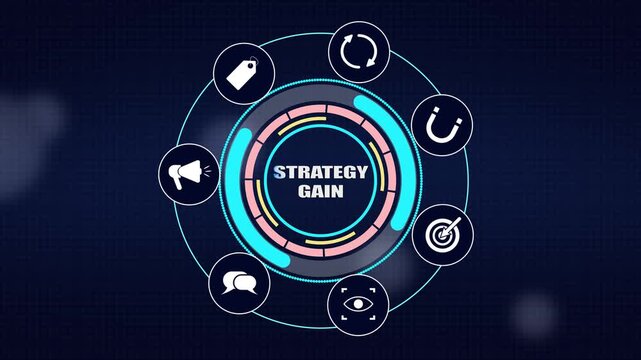Maximizing strategy gain for competitive business advantage, a modern high tech digital control panel highlighting marketing planning icons