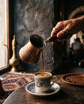 vintage turkish copper cezve pouring dark coffee into ornamented ceramic cup