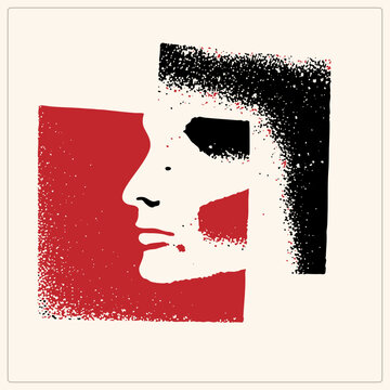 Stylized profile portrait of a face rendered in distressed stencil style with spray paint texture the countenance emerges from bold red and black blocks, evoking constructivist posters and screen pri