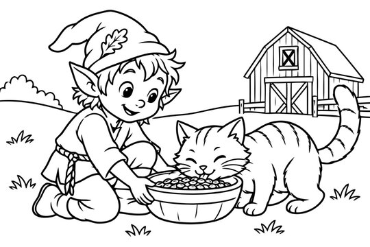 Forest Elf Feeding Cat: A whimsical illustration shows a cute forest elf in a leafy hat kneeling down to feed a happy cat from a bowl of food, with a charming barn in the background.
