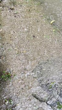 heavy rain falling on outdoor gravel path, water drops splashing in muddy puddles with small stones, wet weather and storm concept