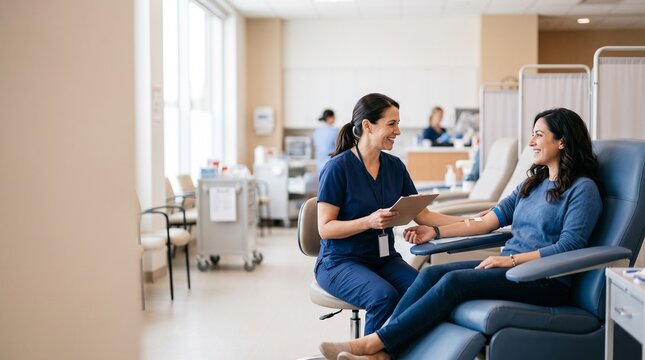 A friendly healthcare worker in blue scrubs holding a clipboard while attending to a smiling woman sitting in a blood donation chair