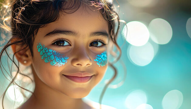 Child with shimmering blue teal mermaid scale face painting smiling dreamily in soft aqua light generative AI