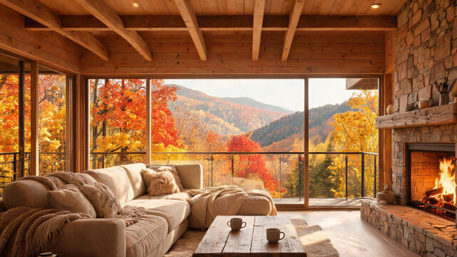 Cozy cabin living room with roaring fireplace and stunning autumn mountain view, fall backdrop, virtual meeting background, ms teams background, zoom meeting backdrop, digital meeting background