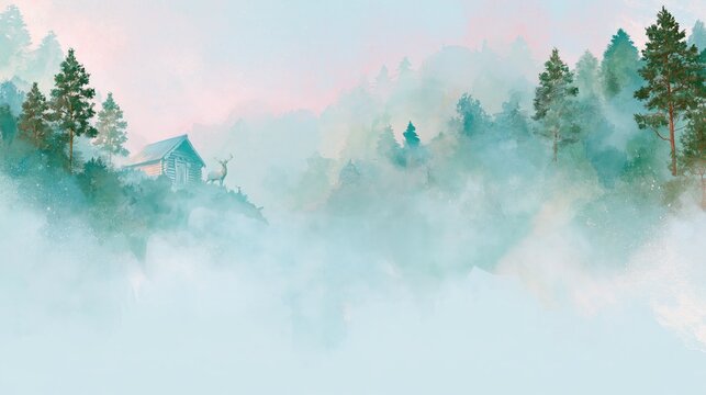 Growth mindset in a serene misty forest with a cozy cabin and deer at dawn