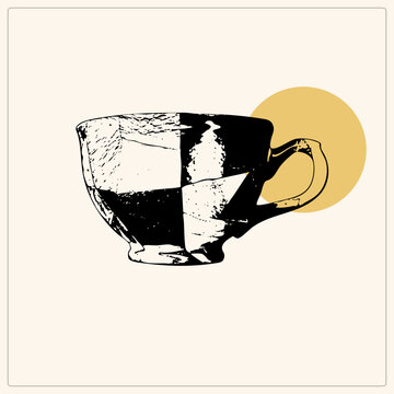 Retro checkerboard teacup, the classic java cup, distressed stencil style with black and cream patches, set against a warm mustard circle for mid century cafe charm.