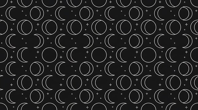 Seamless black and white pattern featuring outline crescent moons and full circles with tiny stars