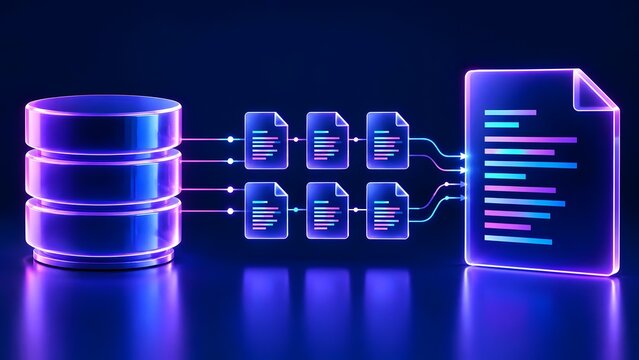 Neon database server transmitting information to digital document folders representing cloud storage data processing and network security