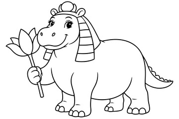 Fototapeta premium Cartoon Hippopotamus with Lotus Flower: A charming cartoon hippopotamus, adorned with an Egyptian headdress, holds a delicate lotus flower in its hand.