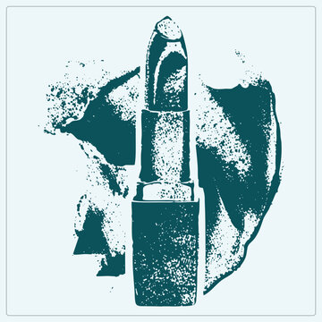 "A teal lipstick bullet in gritty stencil style with a rough smeared behind distressed halftone texture adds a raw, vintage print feel."