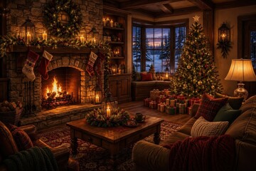 Obraz premium Cozy rustic Christmas living room with fireplace and tree