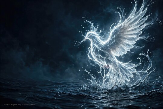 Ethereal Phoenix Bird Rising from Dark Stormy Waters