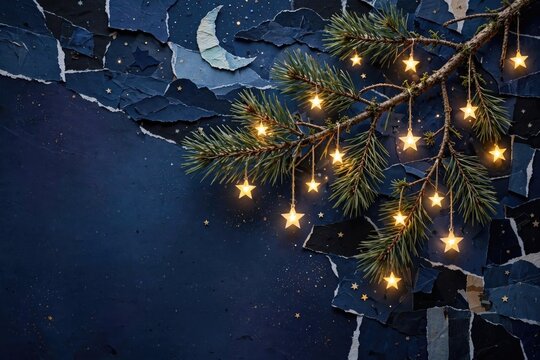 Evergreen Pine Sprig on Cracked Dark Slate Background