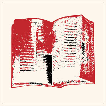 Distressed grunge illustration of an open tome with rough printed text and dark central gutter. Weathered codex in stencil style, red and black ink on transparent background.