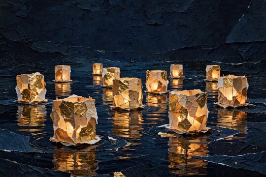 Geometric Gold Crystals on Dark Reflective Water Surface
