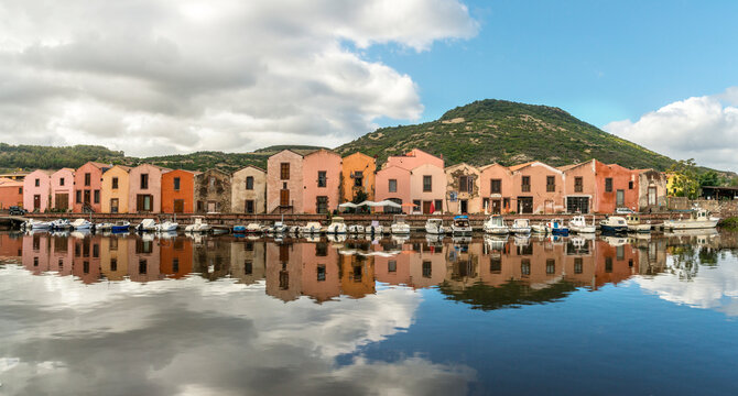 Italy, Sardinia, Bosa.  Colourful town on the west coast of the island of Sardinia.  Waterfront on the Temo River.