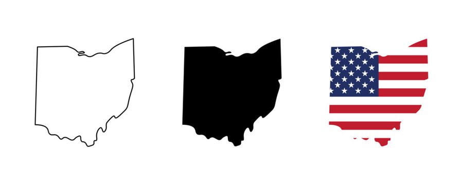 Ohio state outline, silhouette and American flag icon set