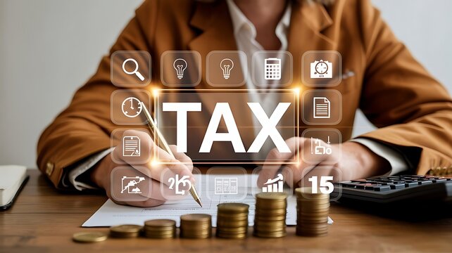 Professional business photo of budget planning and tax preparation featuring stacks of coins and financial digital icons on a wooden office desk