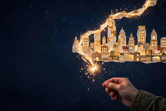 Hand Conjuring a Glowing Futuristic City Skyline