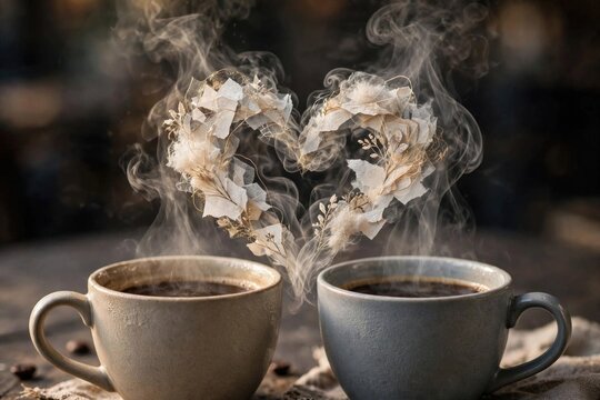 Heart-Shaped Steam Rising from Two Mugs of Coffee