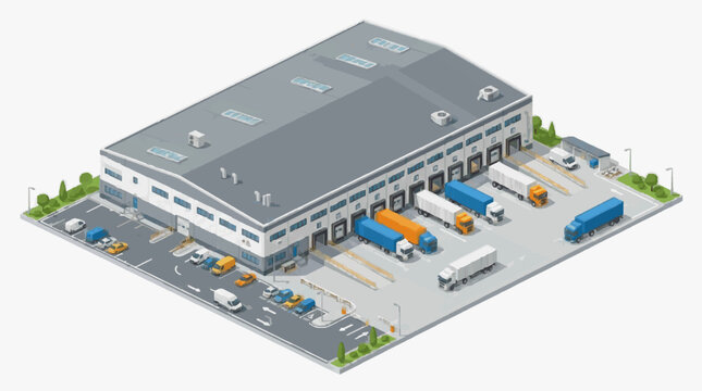 Isometric Warehouse Distribution Center with Loading Dock and Delivery Trucks