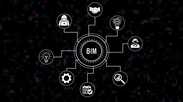 Comprehensive building information modeling (bim) concept animation featuring connected technology artificial intelligence, engineering data, and smart construction architecture systems