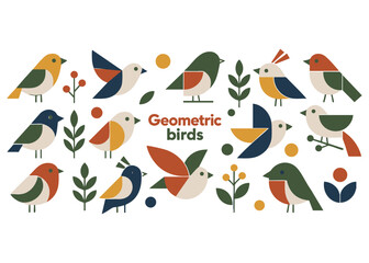 Obraz premium Geometric birds set. Minimalist colorful abstract set on a white background