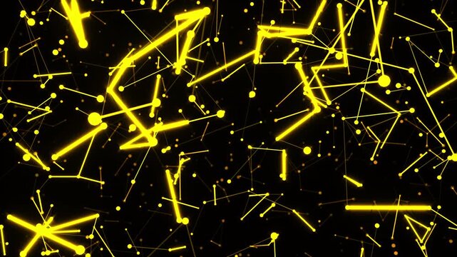 Digital technology yellow network plexus 3d animation looped seamless node connection line background. Glowing golden nodes and bright connecting lines.