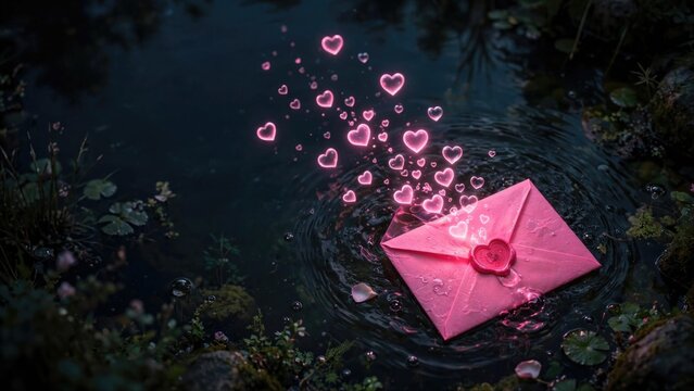 Romantic Pink Envelope with Floating Hearts on Dark Water