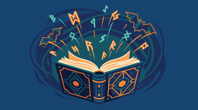 Mystical ancient spellbook with glowing runes and bats, magical fantasy grimoire vector illustration, enchanted open book of sorcery on dark background