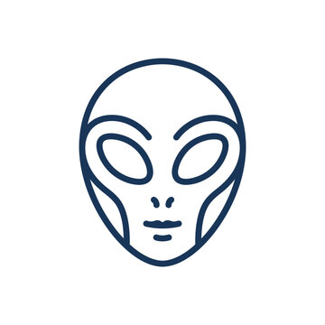 Simple blue line art extraterrestrial alien head icon.