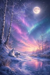 Obraz premium Arctic foxes beside a snowy river beneath aurora and moonlight