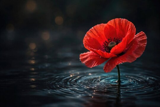 Single Red Poppy Floating on Dark Water Ripples