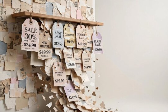 Torn Paper Notes Displaying Sales, Discounts, and Promotions