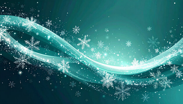Christmas card with white snowflakes and sparkling lights swirling diagonally across petrol turquoise gradient generative AI