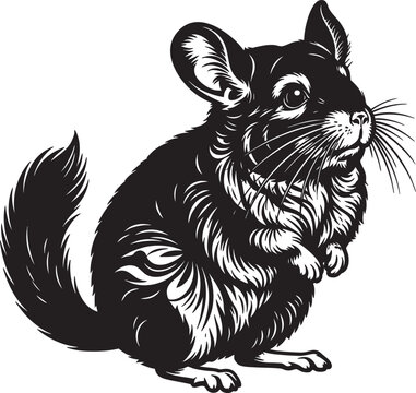 Adorable Black and White Engraving Style Chinchilla Illustration - Fluffy Small Pet Animal Clipart